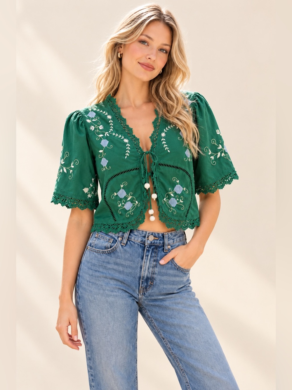 Jennifer & Grace Green Embroidered Tie-Front Crop Top | Small | NWT